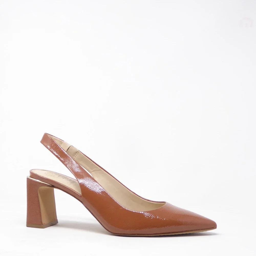 Vince Camuto Hamden Women Slingback Pumps Brown Patent Pointed Toe Block Heel 10